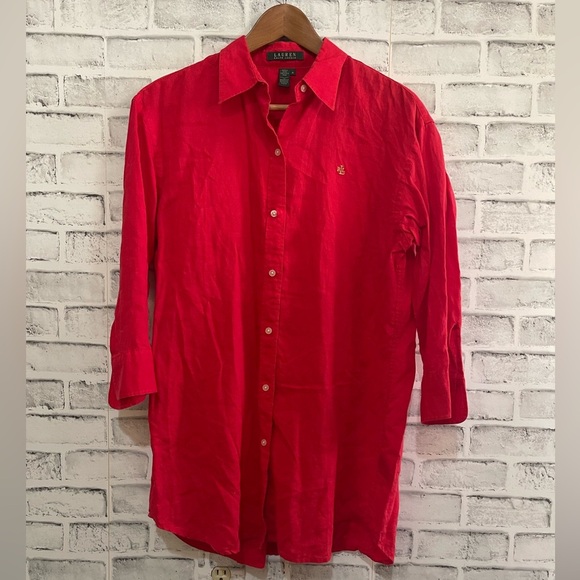 Women’s Lauren Ralph Lauren red button collar tunic blouse 100% linen Medium - Picture 1 of 3